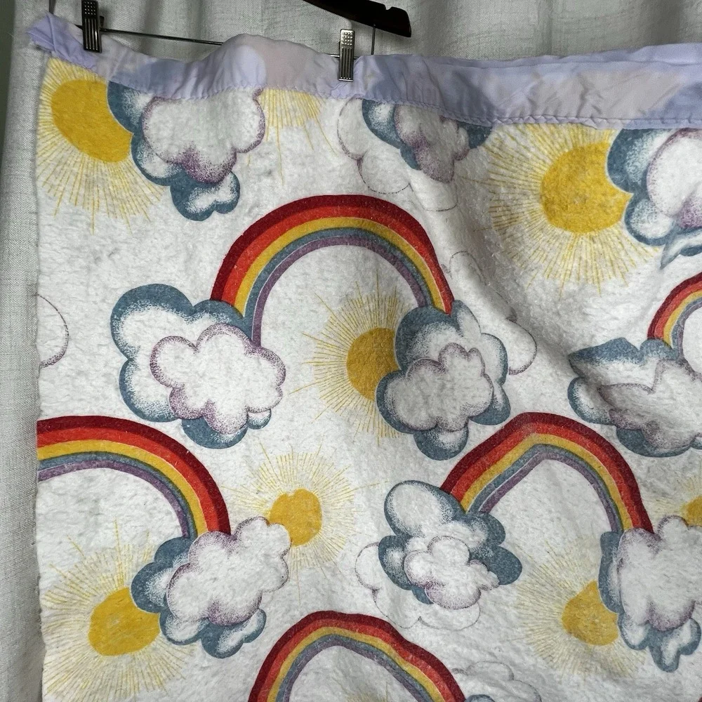 Vintage Rainbow‎ Cloud Sun Fleece Baby Blanket Lavender Satin Trim Retro Nursery